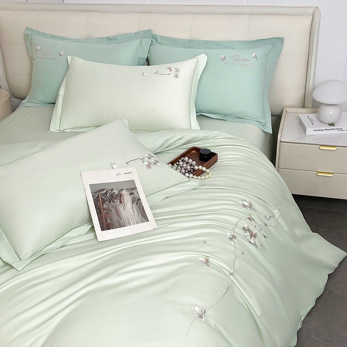 91家纺网 家纺一手货源 找家纺 帛美家纺 2026新款全棉纯棉轻奢绣花四件套 梦娜-嫩芽绿