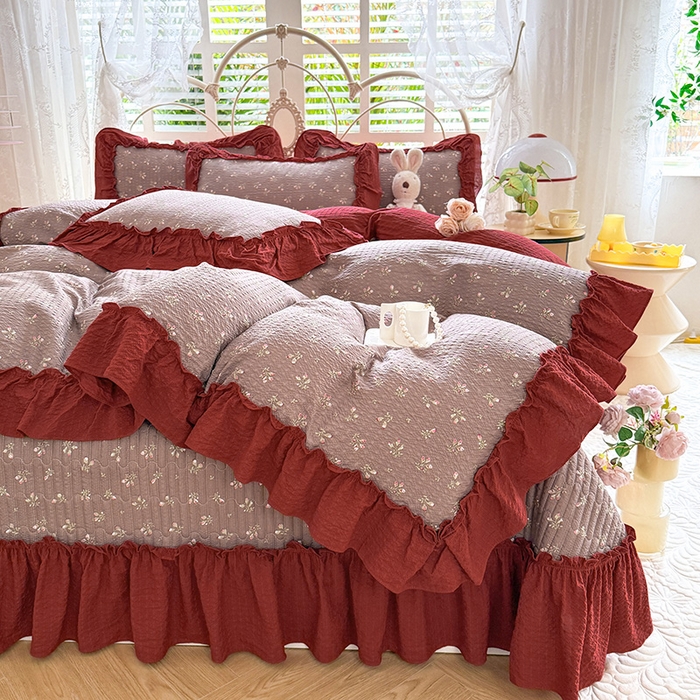 91家纺网 家纺一手货源 找家纺 韩约家纺 2026新款法式大花边泡芙棉床盖款被套四件套 花见喜