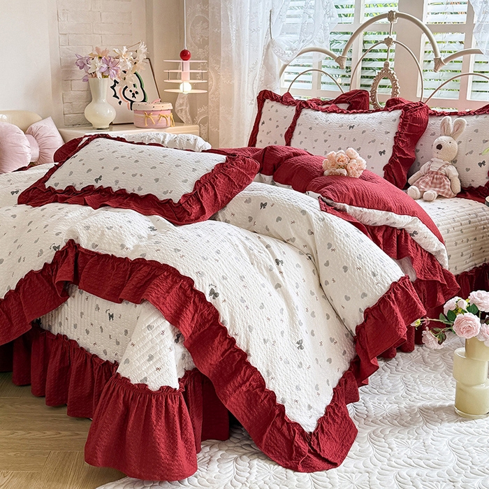 91家纺网 家纺一手货源 找家纺 韩约家纺 2026新款法式大花边泡芙棉床盖款被套四件套 爱心蝴蝶结