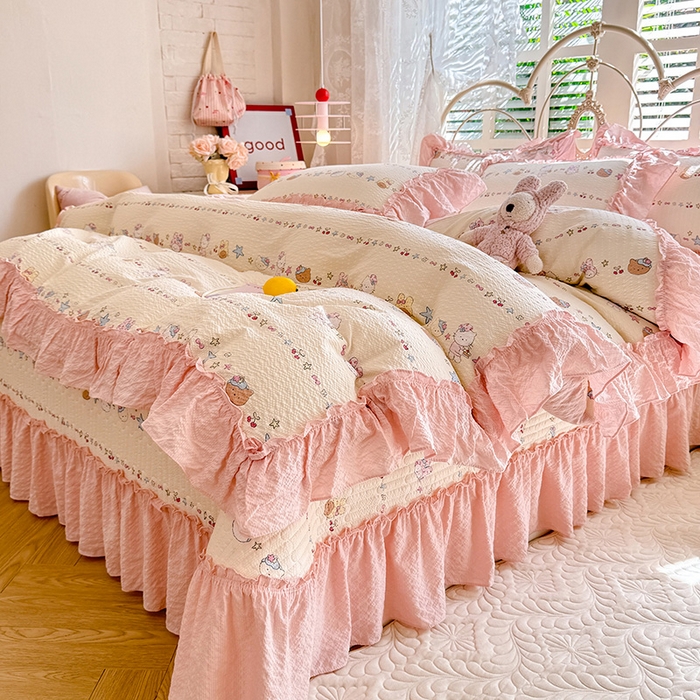 91家纺网 家纺一手货源 找家纺 韩约家纺 2026新款法式大花边泡芙棉床盖款被套四件套 甜心kitty