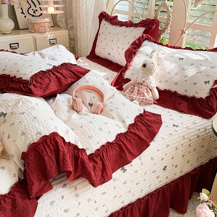 91家纺网 家纺一手货源 找家纺 韩约家纺 2026新款法式大花边泡芙棉床盖款被套四件套 爱心蝴蝶结