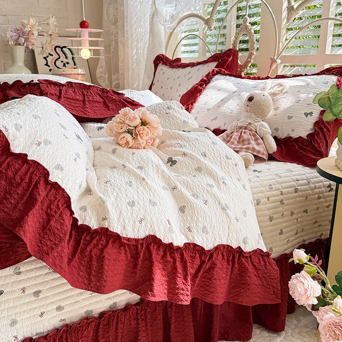 91家纺网 家纺一手货源 找家纺 韩约家纺 2026新款法式大花边泡芙棉床盖款被套四件套 爱心蝴蝶结