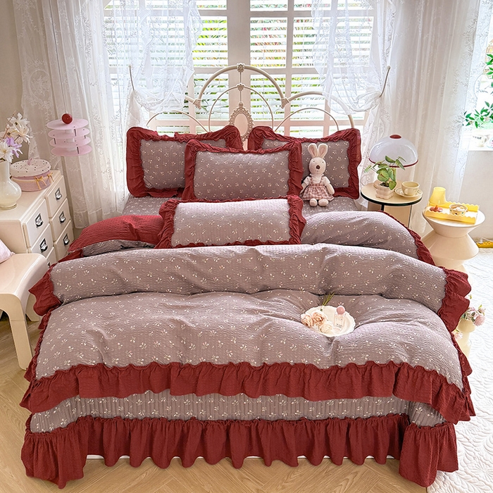 91家纺网 家纺一手货源 找家纺 韩约家纺 2026新款法式大花边泡芙棉床盖款被套四件套 花见喜