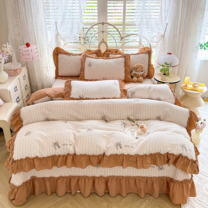 91家纺网 家纺一手货源 找家纺 韩约家纺 2026新款法式大花边泡芙棉床盖款被套四件套 蝴蝶结