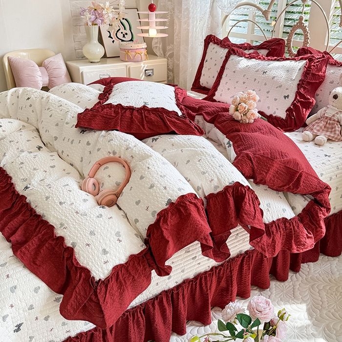 91家纺网 家纺一手货源 找家纺 韩约家纺 2026新款法式大花边泡芙棉床盖款被套四件套 爱心蝴蝶结