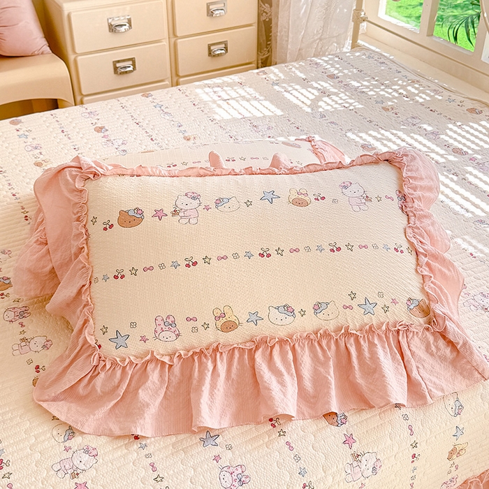 91家纺网 家纺一手货源 找家纺 韩约家纺 2026新款法式大花边泡芙棉床盖款被套四件套 甜心kitty