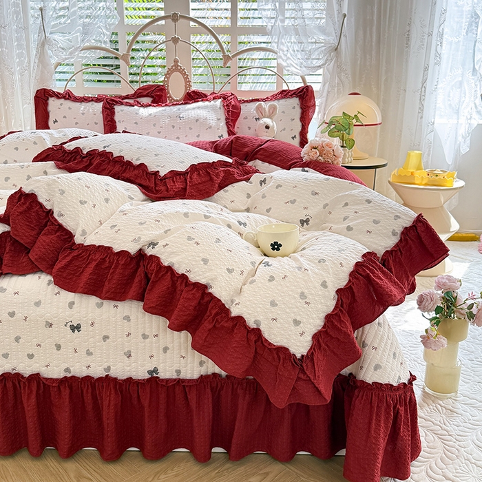 91家纺网 家纺一手货源 找家纺 韩约家纺 2026新款法式大花边泡芙棉床盖款被套四件套 爱心蝴蝶结