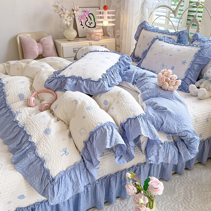 91家纺网 家纺一手货源 找家纺 韩约家纺 2026新款法式大花边泡芙棉床盖款被套四件套 睛喜