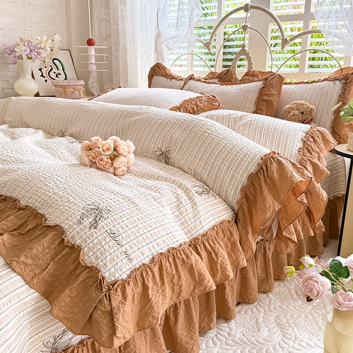 91家纺网 家纺一手货源 找家纺 韩约家纺 2026新款法式大花边泡芙棉床盖款被套四件套 蝴蝶结