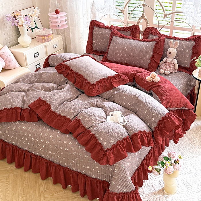 91家纺网 家纺一手货源 找家纺 韩约家纺 2026新款法式大花边泡芙棉床盖款被套四件套 花见喜