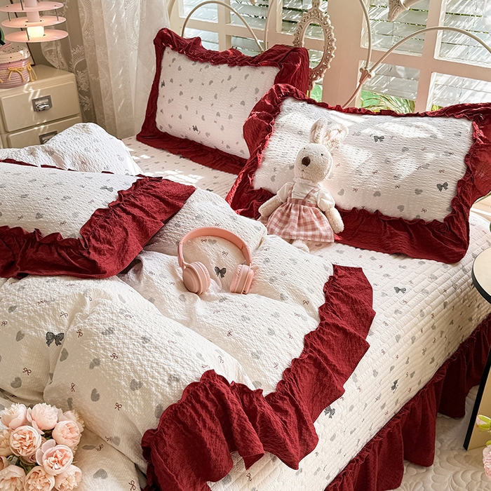 91家纺网 家纺一手货源 找家纺 韩约家纺 2026新款法式大花边泡芙棉床盖款被套四件套 爱心蝴蝶结