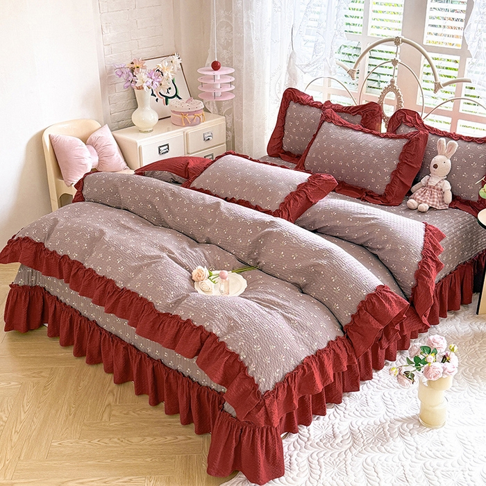 91家纺网 家纺一手货源 找家纺 韩约家纺 2026新款法式大花边泡芙棉床盖款被套四件套 花见喜