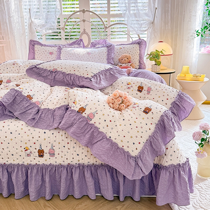 91家纺网 家纺一手货源 找家纺 韩约家纺 2026新款法式大花边泡芙棉床盖款被套四件套 布蕾可可