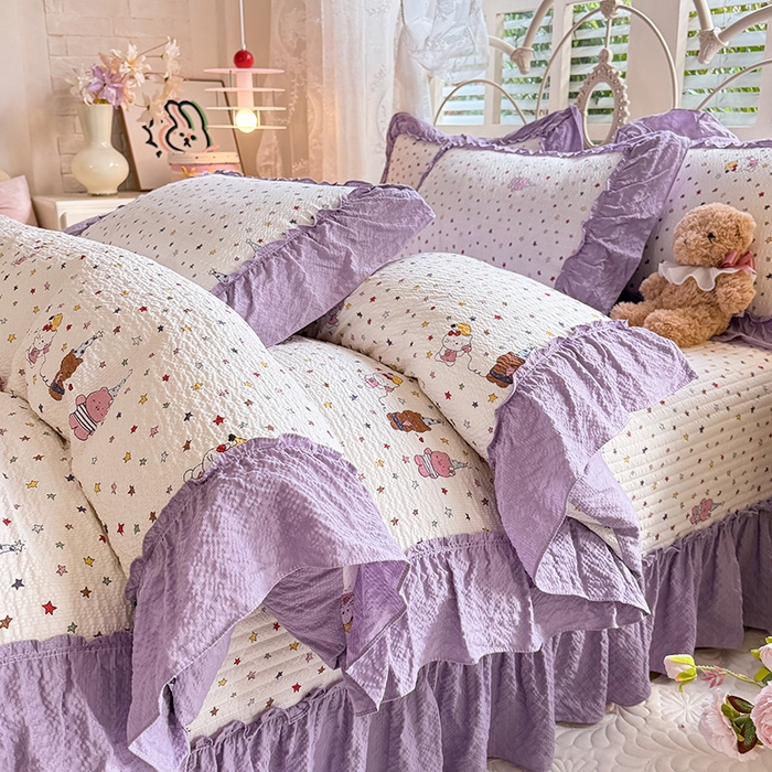 韩约家纺 2026新款法式大花边泡芙棉床盖款被套四件套 布蕾可可