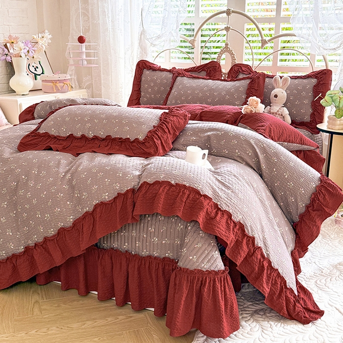 91家纺网 家纺一手货源 找家纺 韩约家纺 2026新款法式大花边泡芙棉床盖款被套四件套 花见喜