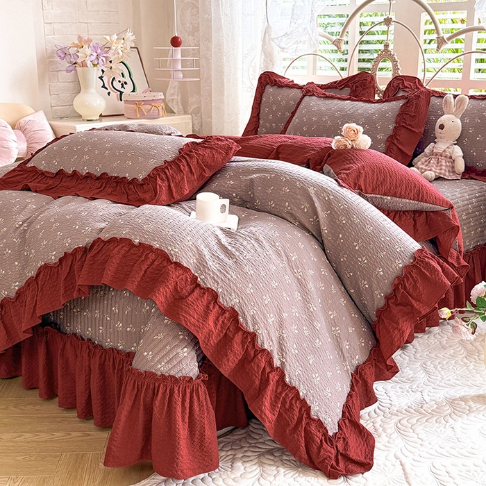 91家纺网 家纺一手货源 找家纺 韩约家纺 2026新款法式大花边泡芙棉床盖款被套四件套 花见喜