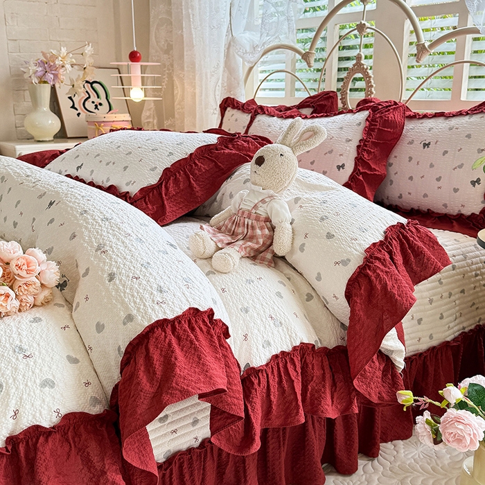 韩约家纺 2026新款法式大花边泡芙棉床盖款被套四件套 爱心蝴蝶结