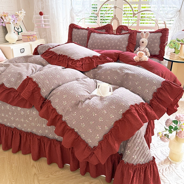 91家纺网 家纺一手货源 找家纺 韩约家纺 2026新款法式大花边泡芙棉床盖款被套四件套 花见喜