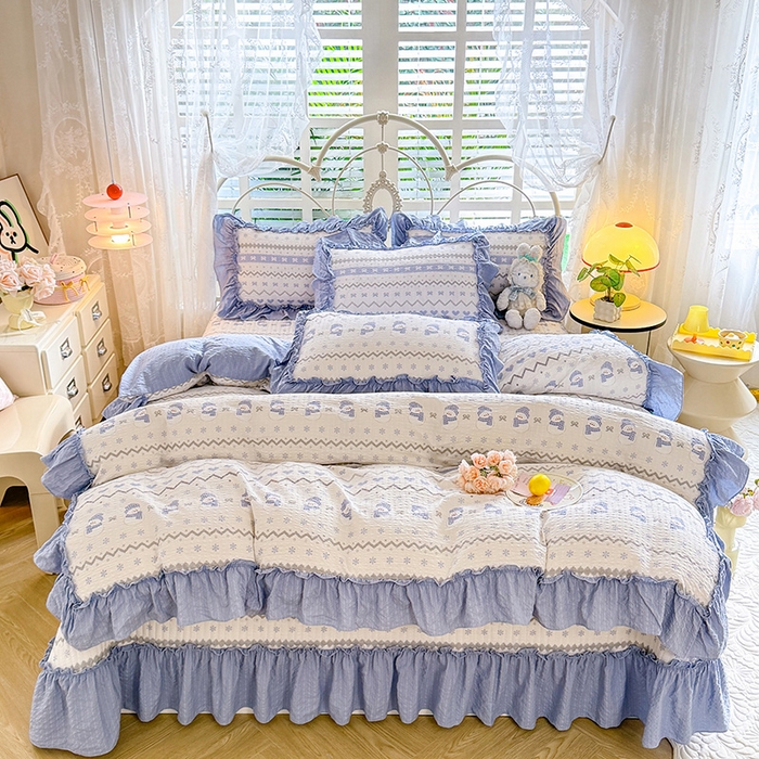 91家纺网 家纺一手货源 找家纺 韩约家纺 2026新款法式大花边泡芙棉床盖款被套四件套 蓝星人