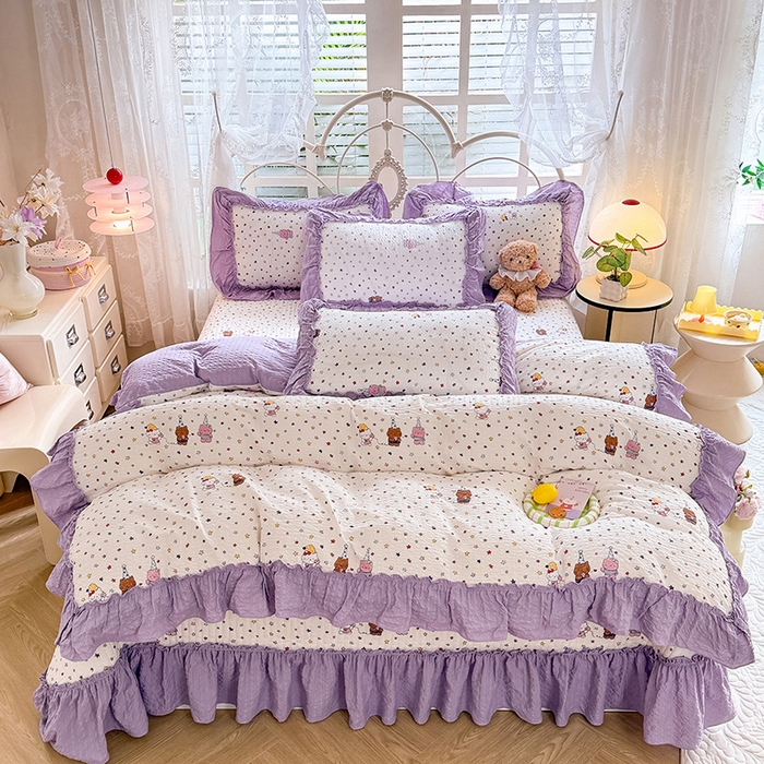 91家纺网 家纺一手货源 找家纺 韩约家纺 2026新款法式大花边泡芙棉床盖款被套四件套 布蕾可可