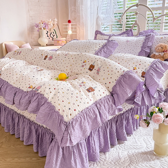 91家纺网 家纺一手货源 找家纺 韩约家纺 2026新款法式大花边泡芙棉床盖款被套四件套 布蕾可可