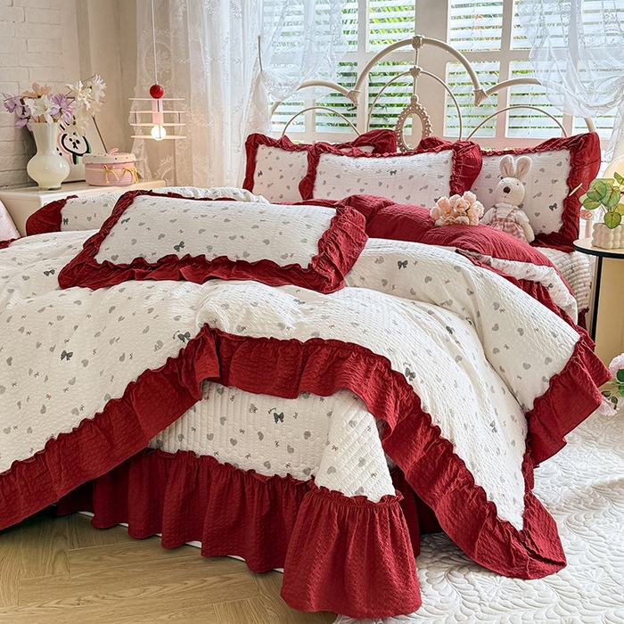 91家纺网 家纺一手货源 找家纺 韩约家纺 2026新款法式大花边泡芙棉床盖款被套四件套 爱心蝴蝶结