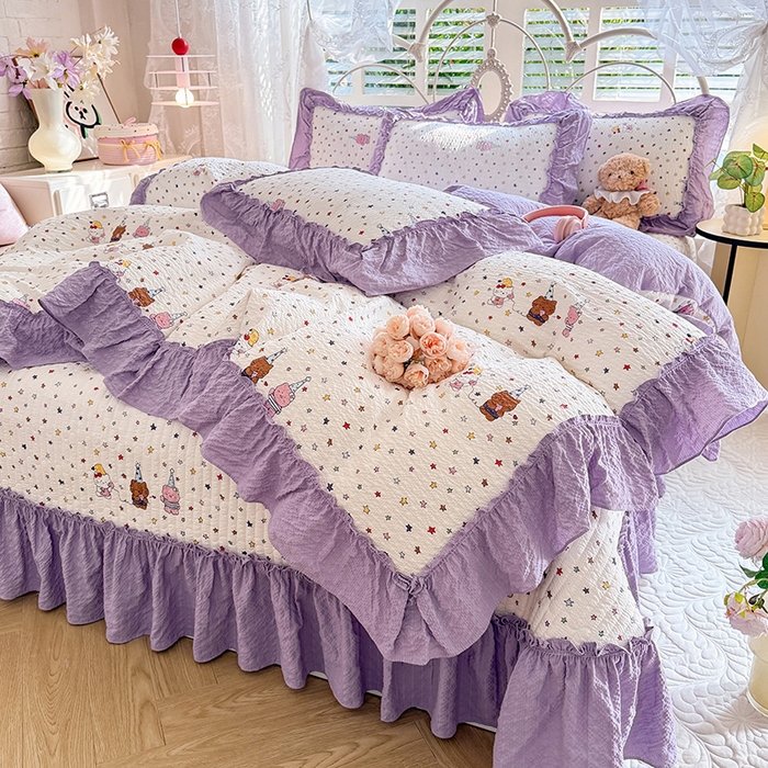 91家纺网 家纺一手货源 找家纺 韩约家纺 2026新款法式大花边泡芙棉床盖款被套四件套 布蕾可可