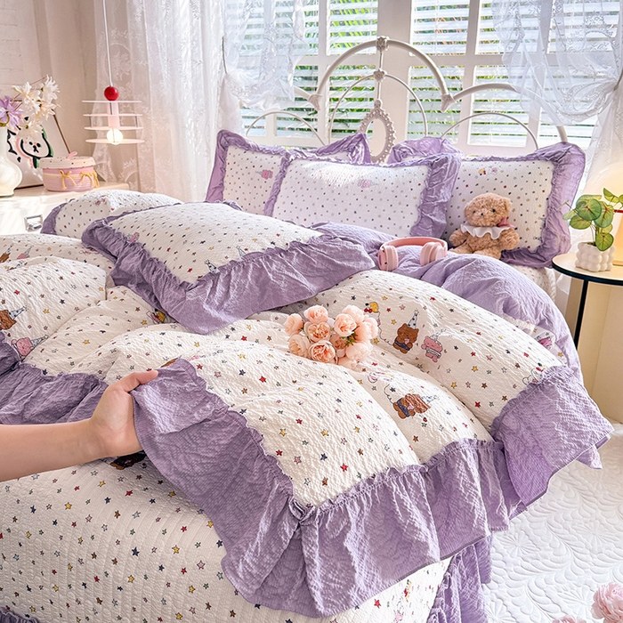 91家纺网 家纺一手货源 找家纺 韩约家纺 2026新款法式大花边泡芙棉床盖款被套四件套 布蕾可可