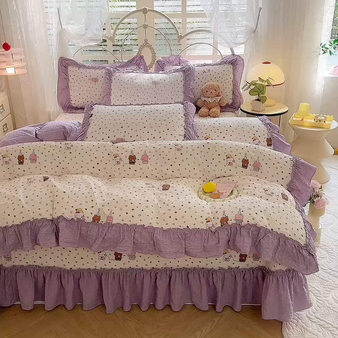 91家纺网 家纺一手货源 找家纺 韩约家纺 2026新款法式大花边泡芙棉床盖款被套四件套 布蕾可可