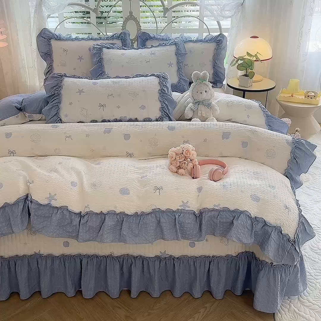 91家纺网 家纺一手货源 找家纺 韩约家纺 2026新款法式大花边泡芙棉床盖款被套四件套 睛喜