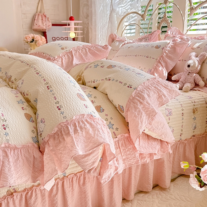韩约家纺 2026新款法式大花边泡芙棉床盖款被套四件套 甜心kitty