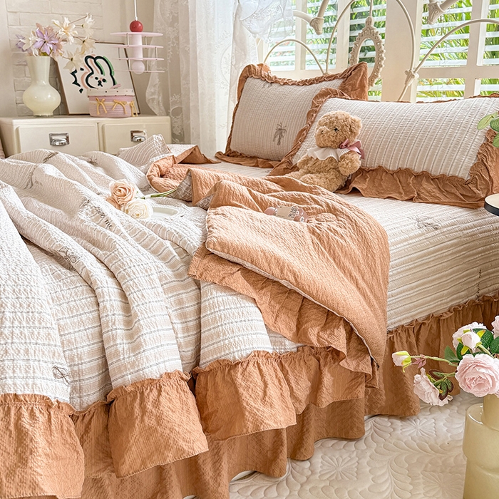 91家纺网 家纺一手货源 找家纺 韩约家纺 2026新款法式大花边泡芙棉床盖款夏被夏凉被空调被四件套 蝴蝶结