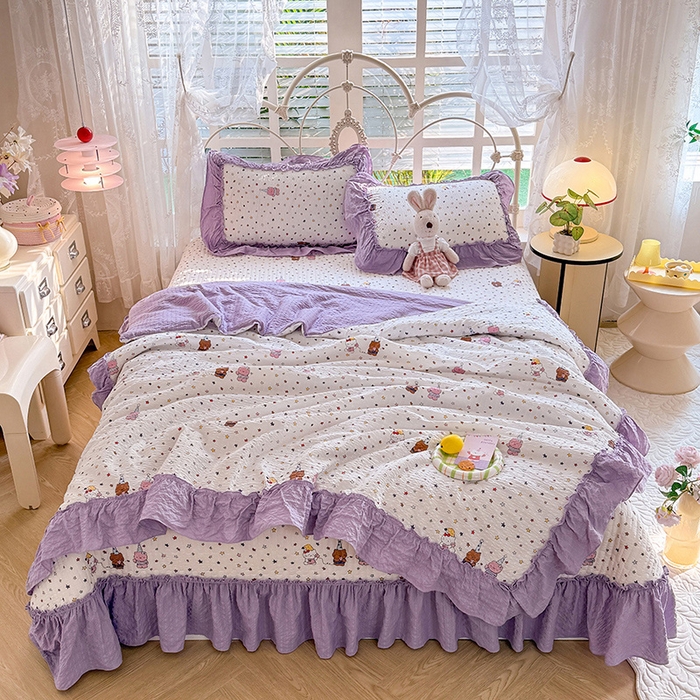 91家纺网 家纺一手货源 找家纺 韩约家纺 2026新款法式大花边泡芙棉床盖款夏被夏凉被空调被四件套 布蕾可可