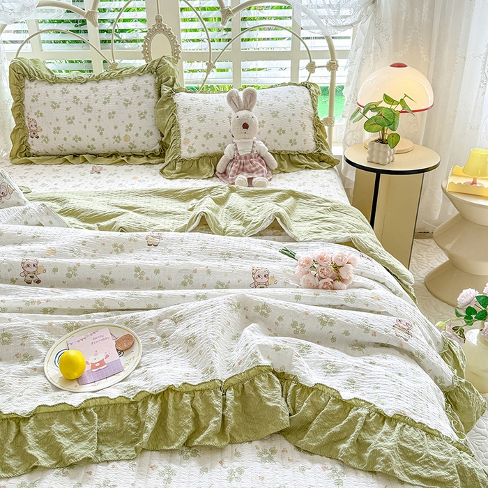 91家纺网 家纺一手货源 找家纺 韩约家纺 2026新款法式大花边泡芙棉床盖款夏被夏凉被空调被四件套 摩卡人生