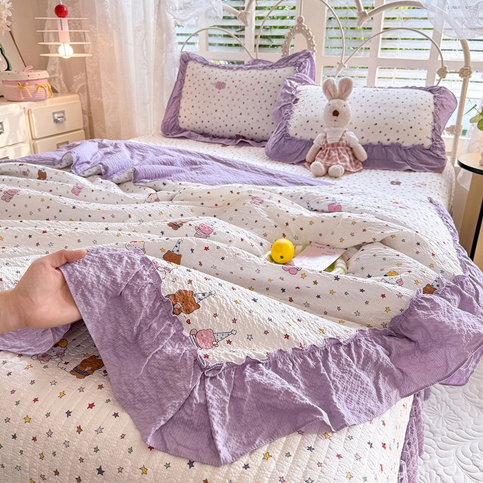 91家纺网 家纺一手货源 找家纺 韩约家纺 2026新款法式大花边泡芙棉床盖款夏被夏凉被空调被四件套 布蕾可可