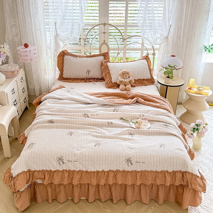 91家纺网 家纺一手货源 找家纺 韩约家纺 2026新款法式大花边泡芙棉床盖款夏被夏凉被空调被四件套 蝴蝶结