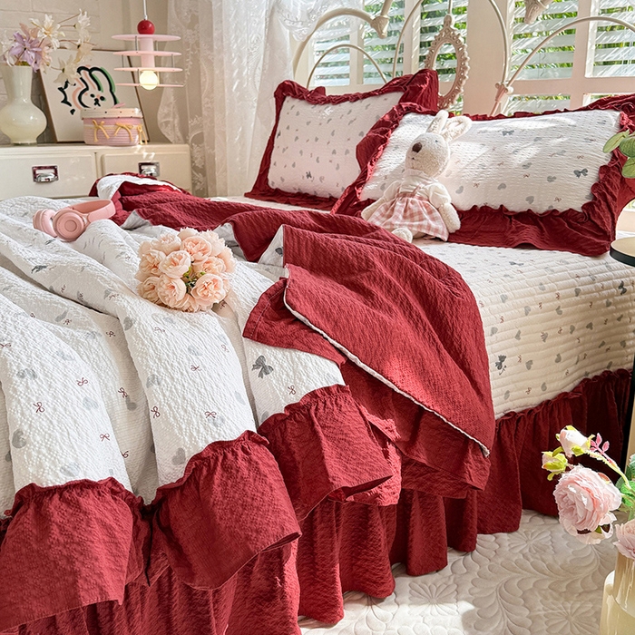 91家纺网 家纺一手货源 找家纺 韩约家纺 2026新款法式大花边泡芙棉床盖款夏被夏凉被空调被四件套 爱心蝴蝶结