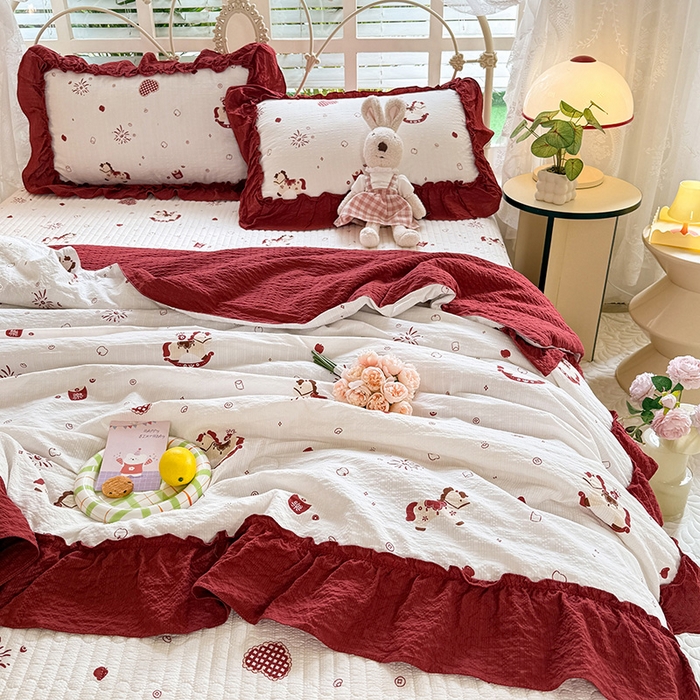 91家纺网 家纺一手货源 找家纺 韩约家纺 2026新款法式大花边泡芙棉床盖款夏被夏凉被空调被四件套 马上鸿运