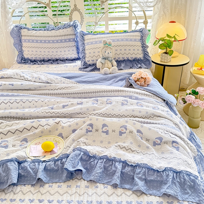 91家纺网 家纺一手货源 找家纺 韩约家纺 2026新款法式大花边泡芙棉床盖款夏被夏凉被空调被四件套 蓝星人