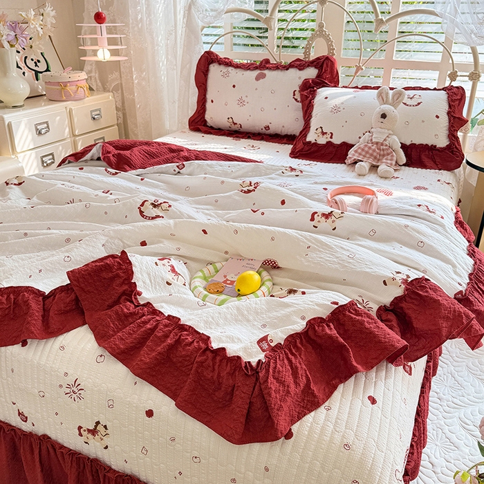 91家纺网 家纺一手货源 找家纺 韩约家纺 2026新款法式大花边泡芙棉床盖款夏被夏凉被空调被四件套 马上鸿运