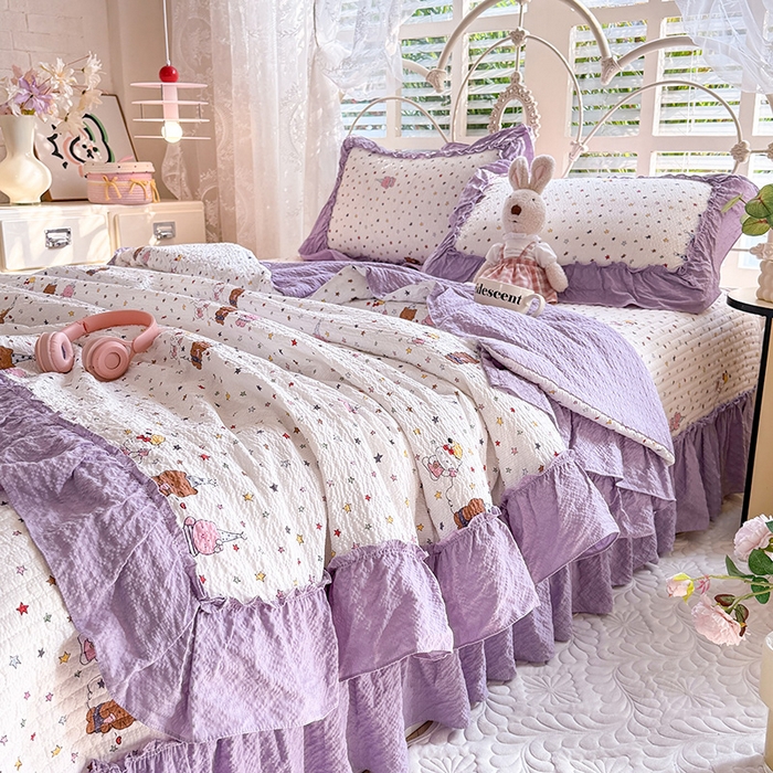 91家纺网 家纺一手货源 找家纺 韩约家纺 2026新款法式大花边泡芙棉床盖款夏被夏凉被空调被四件套 布蕾可可