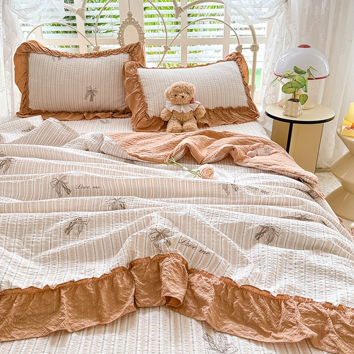 91家纺网 家纺一手货源 找家纺 韩约家纺 2026新款法式大花边泡芙棉床盖款夏被夏凉被空调被四件套 蝴蝶结