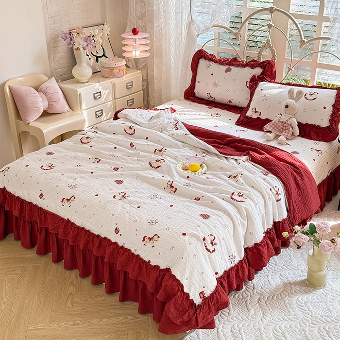 91家纺网 家纺一手货源 找家纺 韩约家纺 2026新款法式大花边泡芙棉床盖款夏被夏凉被空调被四件套 马上鸿运