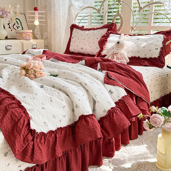 91家纺网 家纺一手货源 找家纺 韩约家纺 2026新款法式大花边泡芙棉床盖款夏被夏凉被空调被四件套 爱心蝴蝶结