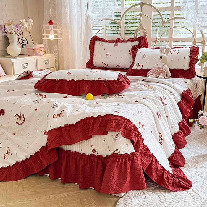 91家纺网 家纺一手货源 找家纺 韩约家纺 2026新款法式大花边泡芙棉床盖款夏被夏凉被空调被四件套 马上鸿运