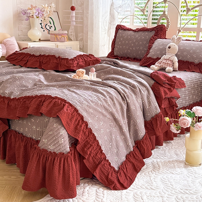 91家纺网 家纺一手货源 找家纺 韩约家纺 2026新款法式大花边泡芙棉床盖款夏被夏凉被空调被四件套 花见喜