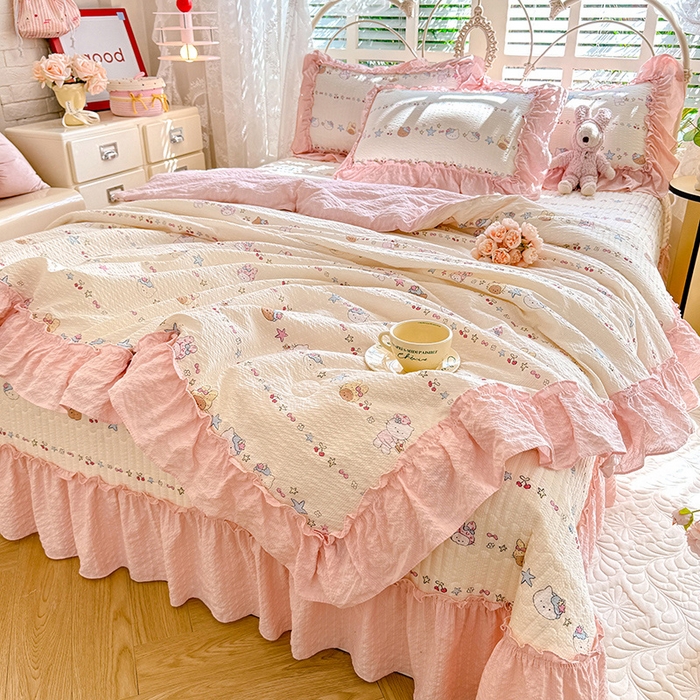 91家纺网 家纺一手货源 找家纺 韩约家纺 2026新款法式大花边泡芙棉床盖款夏被夏凉被空调被四件套 甜心kitty