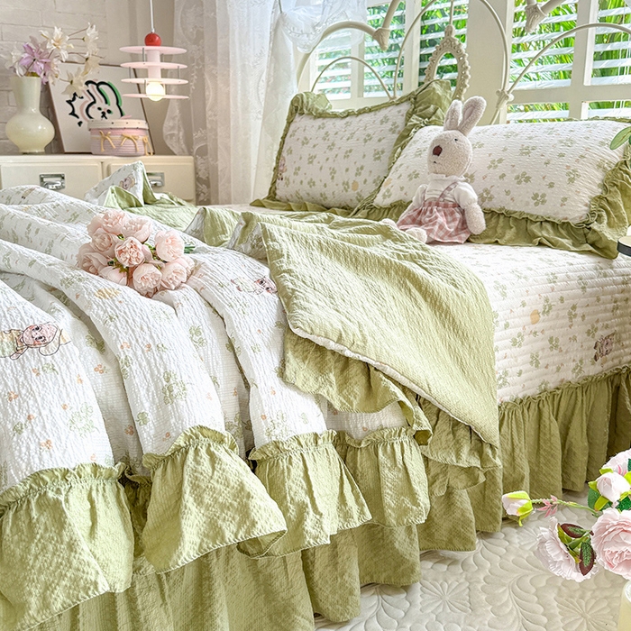 91家纺网 家纺一手货源 找家纺 韩约家纺 2026新款法式大花边泡芙棉床盖款夏被夏凉被空调被四件套 摩卡人生