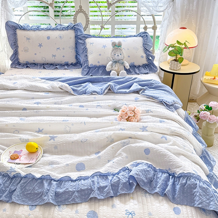 91家纺网 家纺一手货源 找家纺 韩约家纺 2026新款法式大花边泡芙棉床盖款夏被夏凉被空调被四件套 睛喜