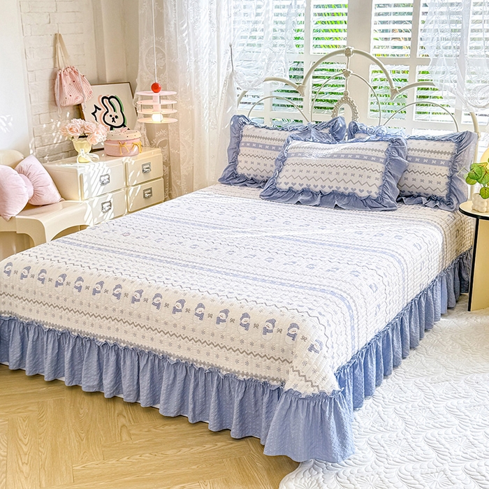 91家纺网 家纺一手货源 找家纺 韩约家纺 2026新款法式大花边泡芙棉床盖款夏被夏凉被空调被四件套 蓝星人